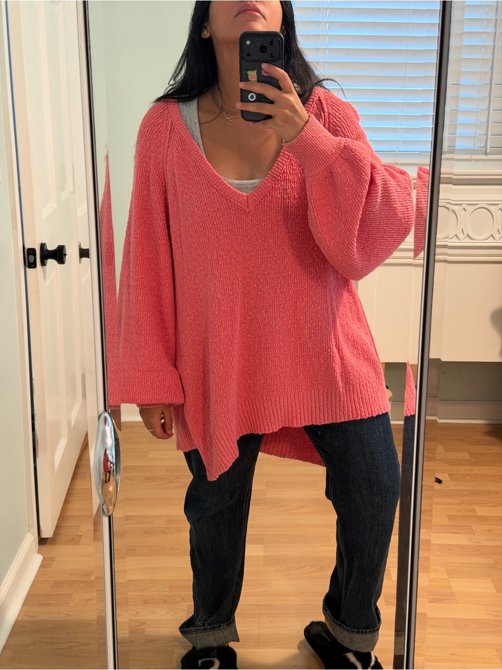 Free People Coral Pink Oversized V-Neck Sweater